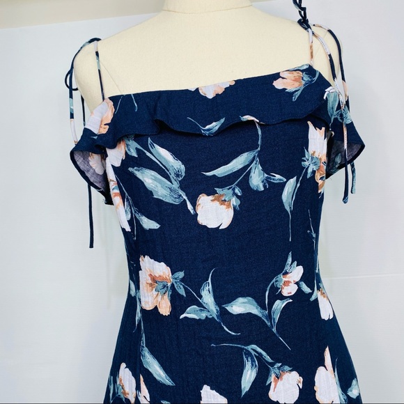 TOBY HEART GINGER Womens Size Large Navy LINEN Floral Tie Up Shoulders Dress NEW - Picture 6 of 16